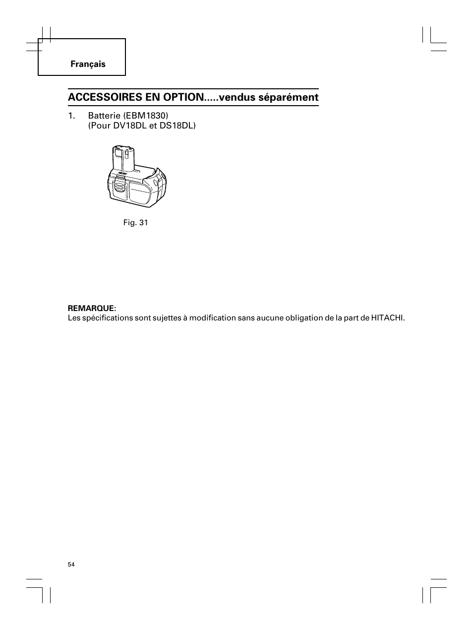 Accessoires en option.....vendus séparément | Hitachi Koki USA DS 18DL User Manual | Page 54 / 88