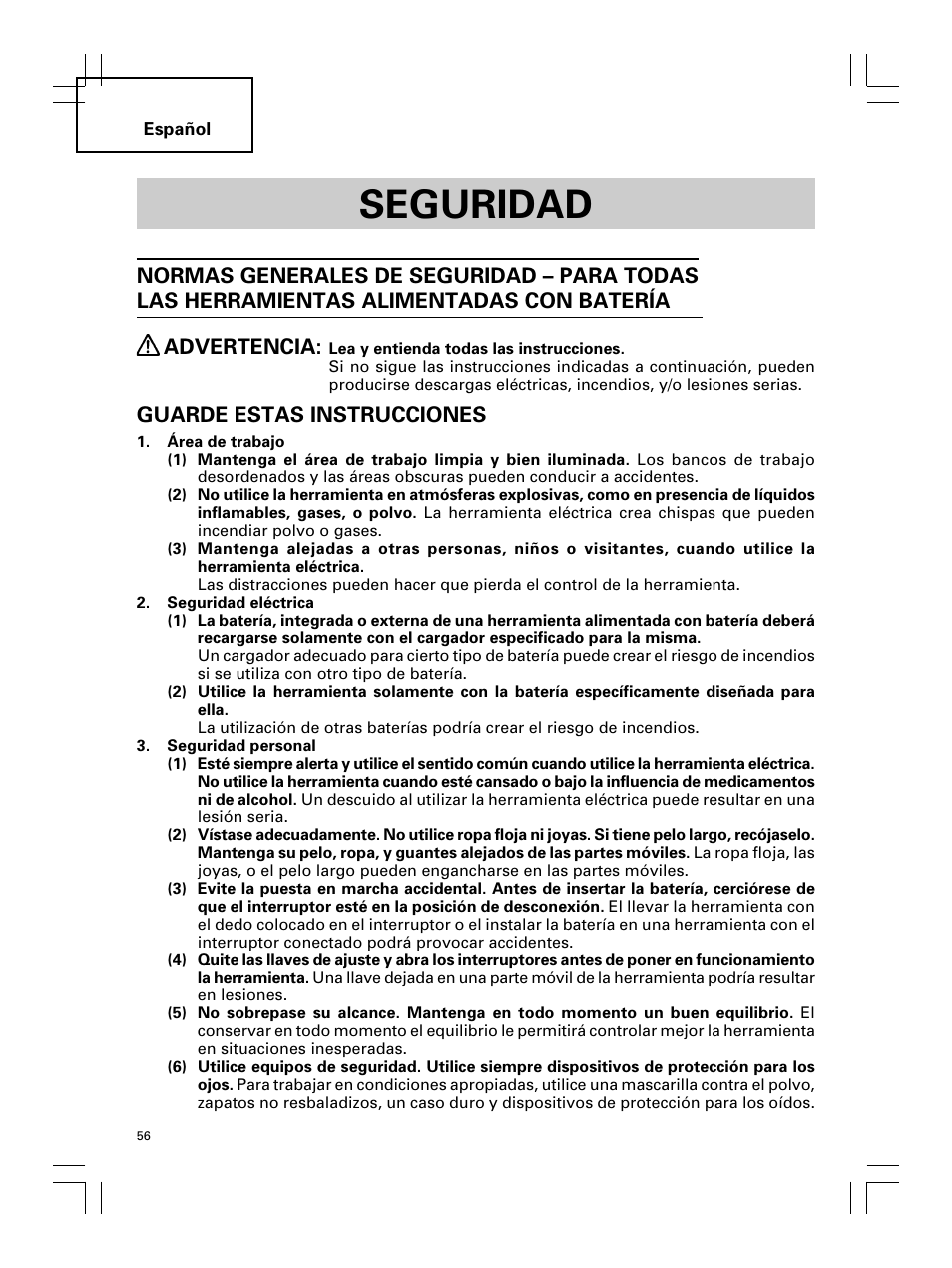 Seguridad, Guarde estas instrucciones | Hitachi Koki USA DS 18DL User Manual | Page 56 / 88