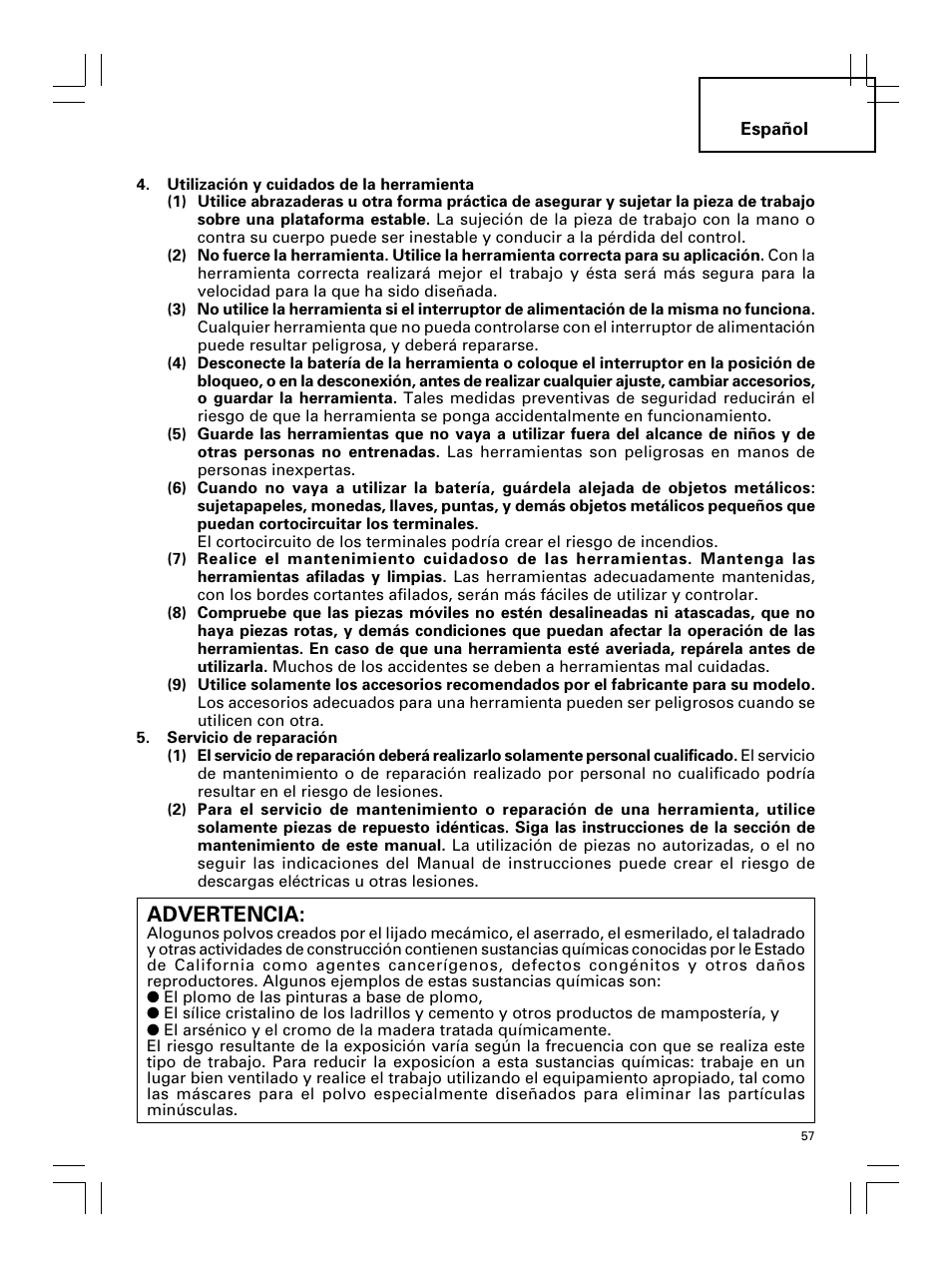 Advertencia | Hitachi Koki USA DS 18DL User Manual | Page 57 / 88
