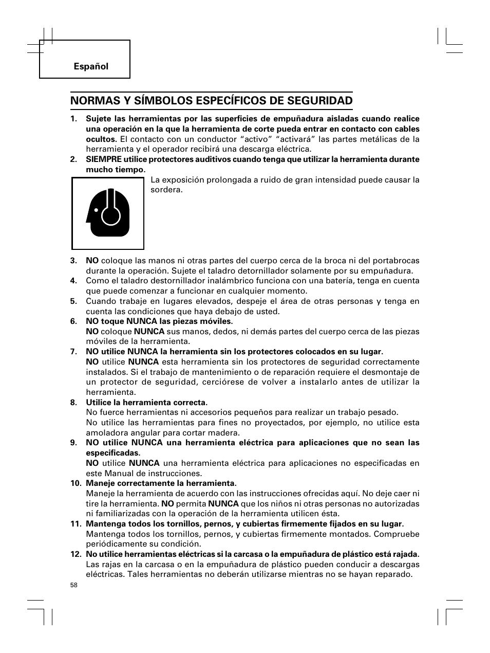 Normas y símbolos específicos de seguridad | Hitachi Koki USA DS 18DL User Manual | Page 58 / 88