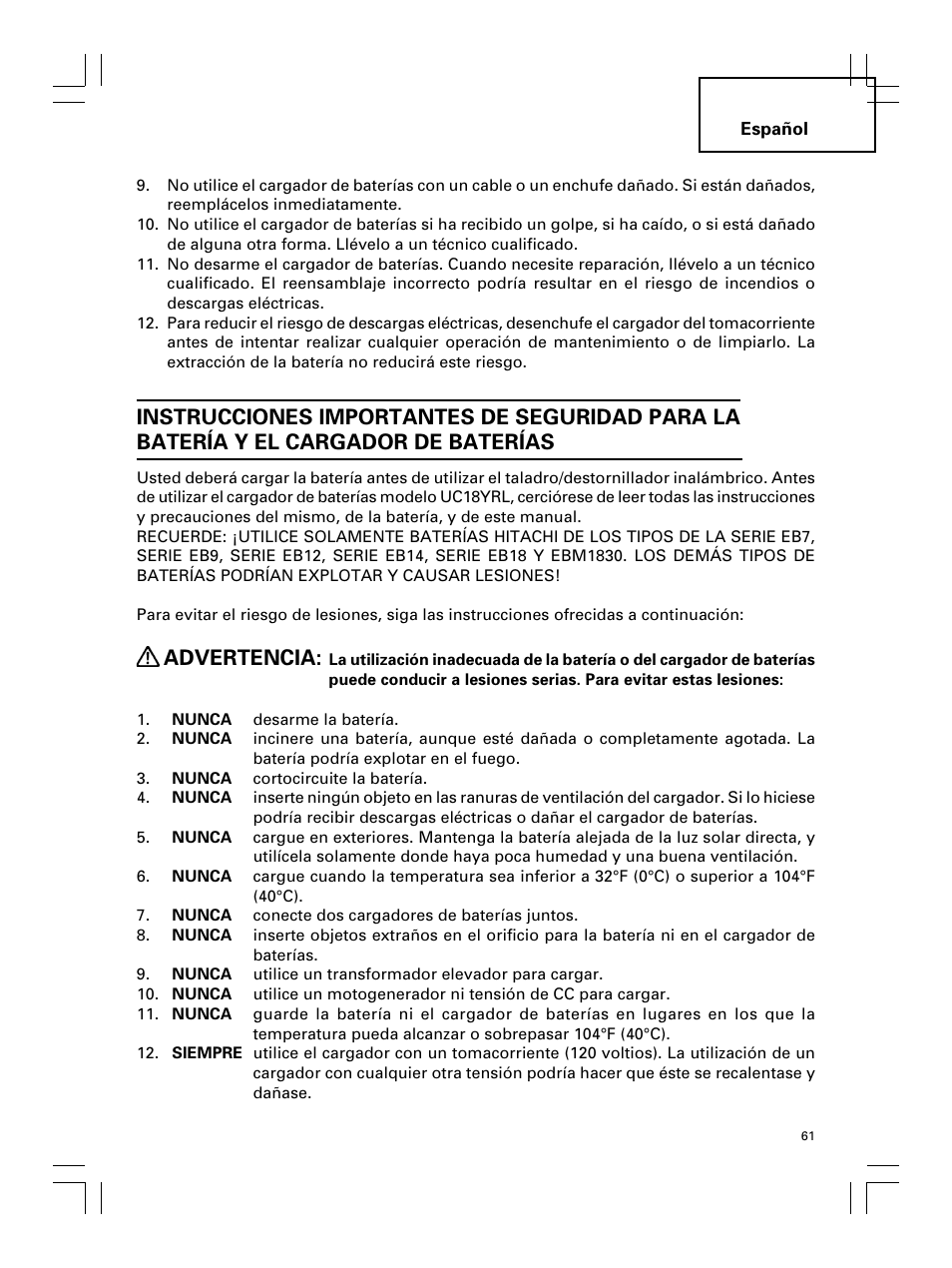 Advertencia | Hitachi Koki USA DS 18DL User Manual | Page 61 / 88
