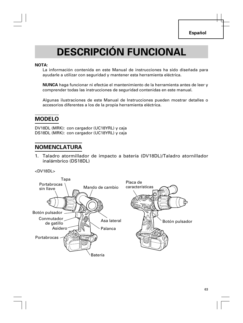 Descripción funcional, Modelo, Nomenclatura | Hitachi Koki USA DS 18DL User Manual | Page 63 / 88