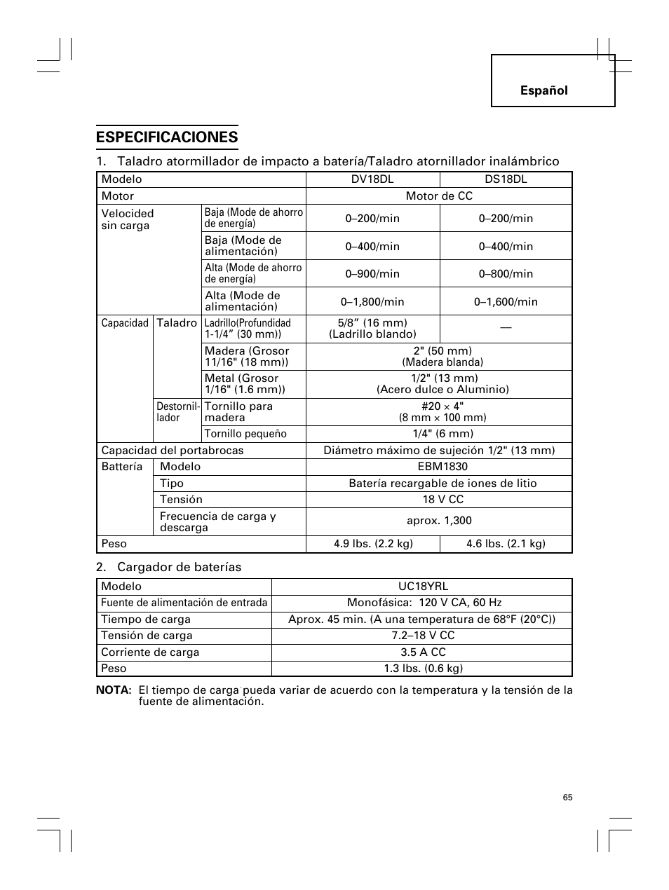 Especificaciones | Hitachi Koki USA DS 18DL User Manual | Page 65 / 88