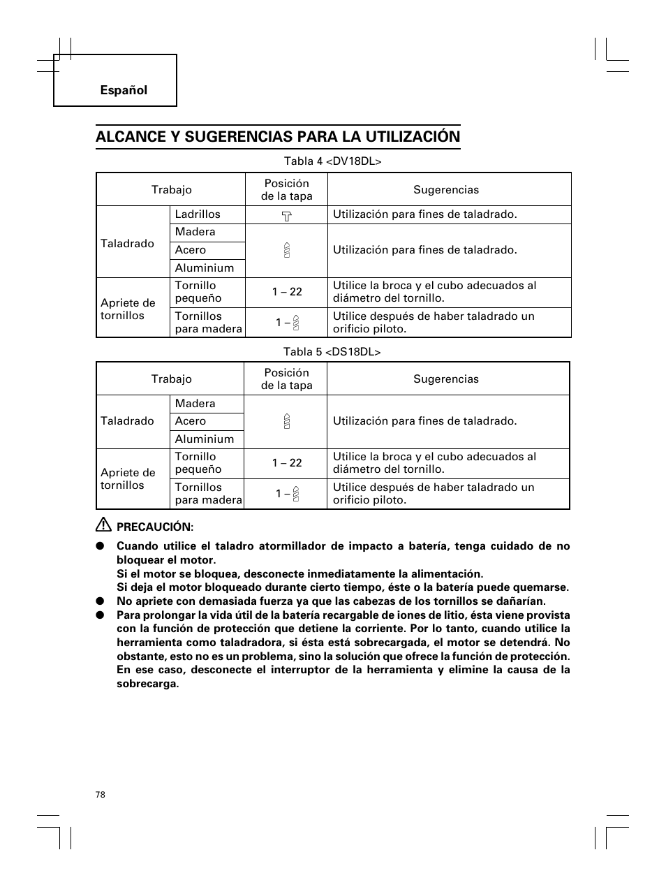 Alcance y sugerencias para la utilización | Hitachi Koki USA DS 18DL User Manual | Page 78 / 88