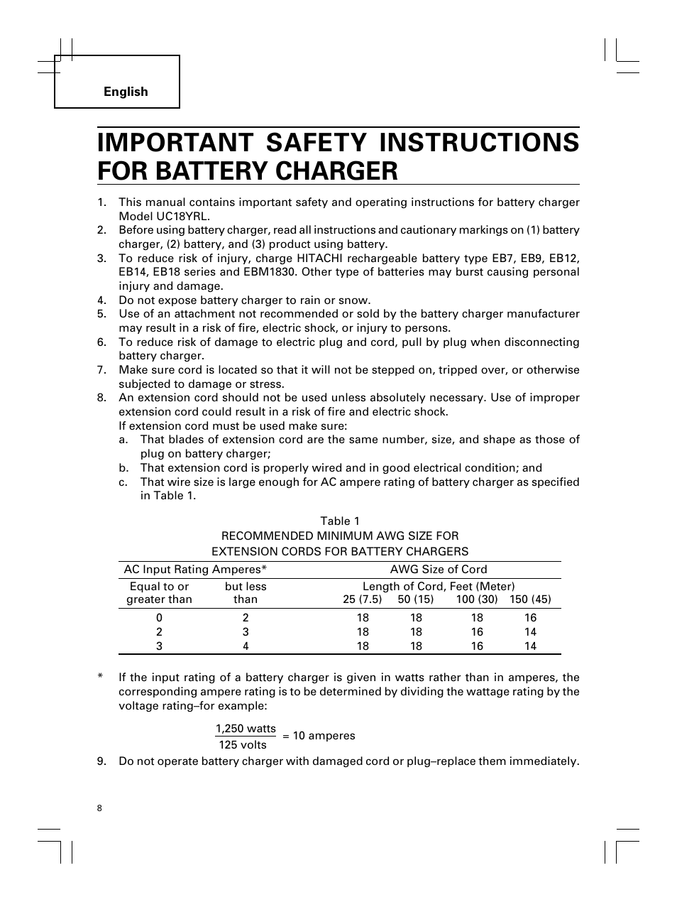 Important safety instructions for battery charger | Hitachi Koki USA DS 18DL User Manual | Page 8 / 88