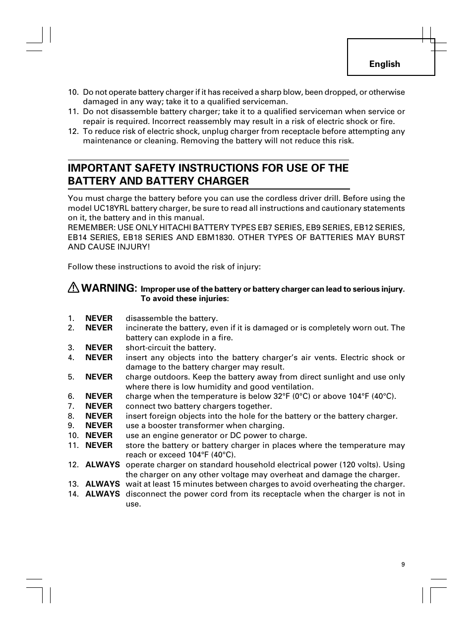 Warning | Hitachi Koki USA DS 18DL User Manual | Page 9 / 88