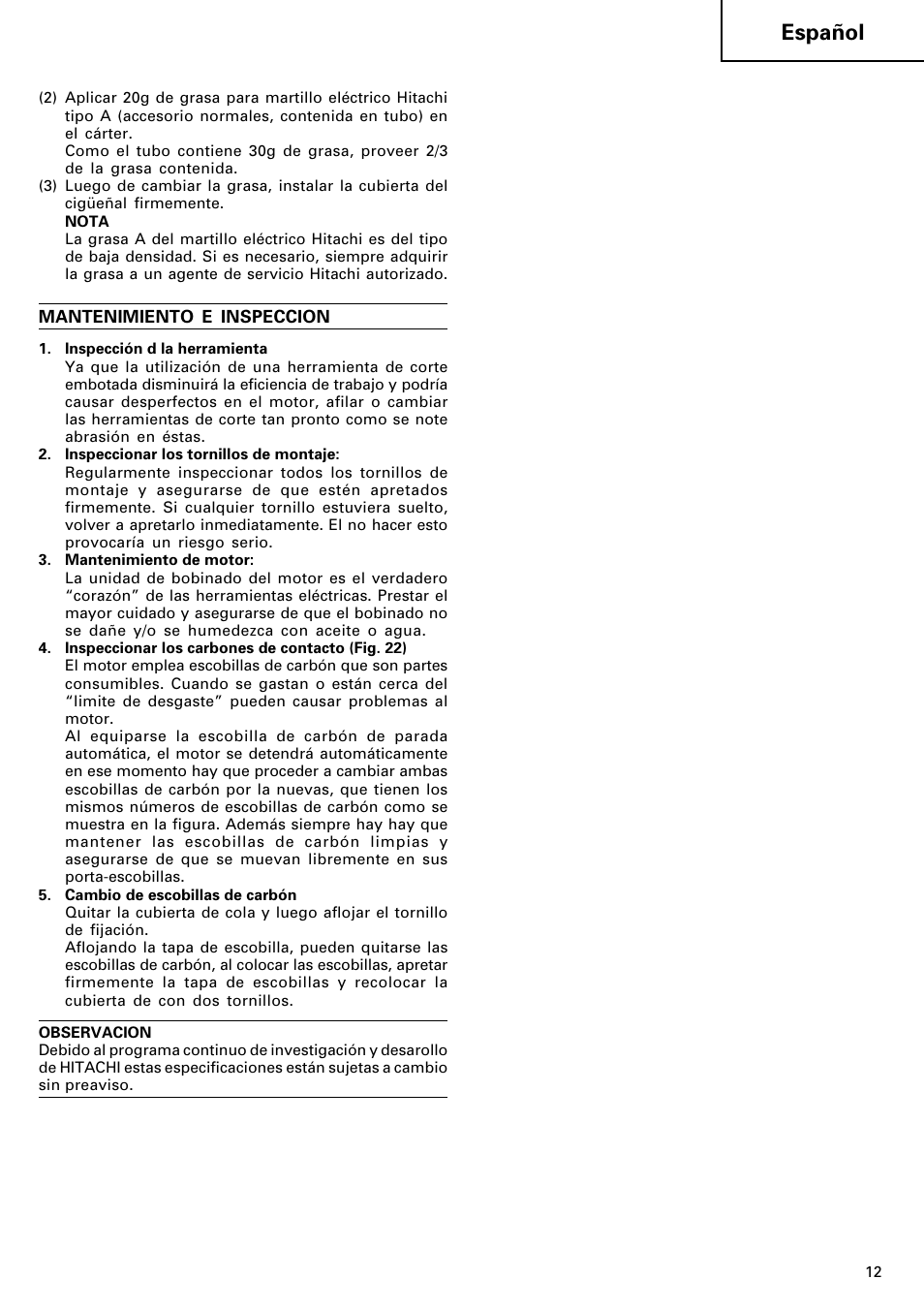 Español | Hitachi Koki USA DH 40SA User Manual | Page 13 / 22