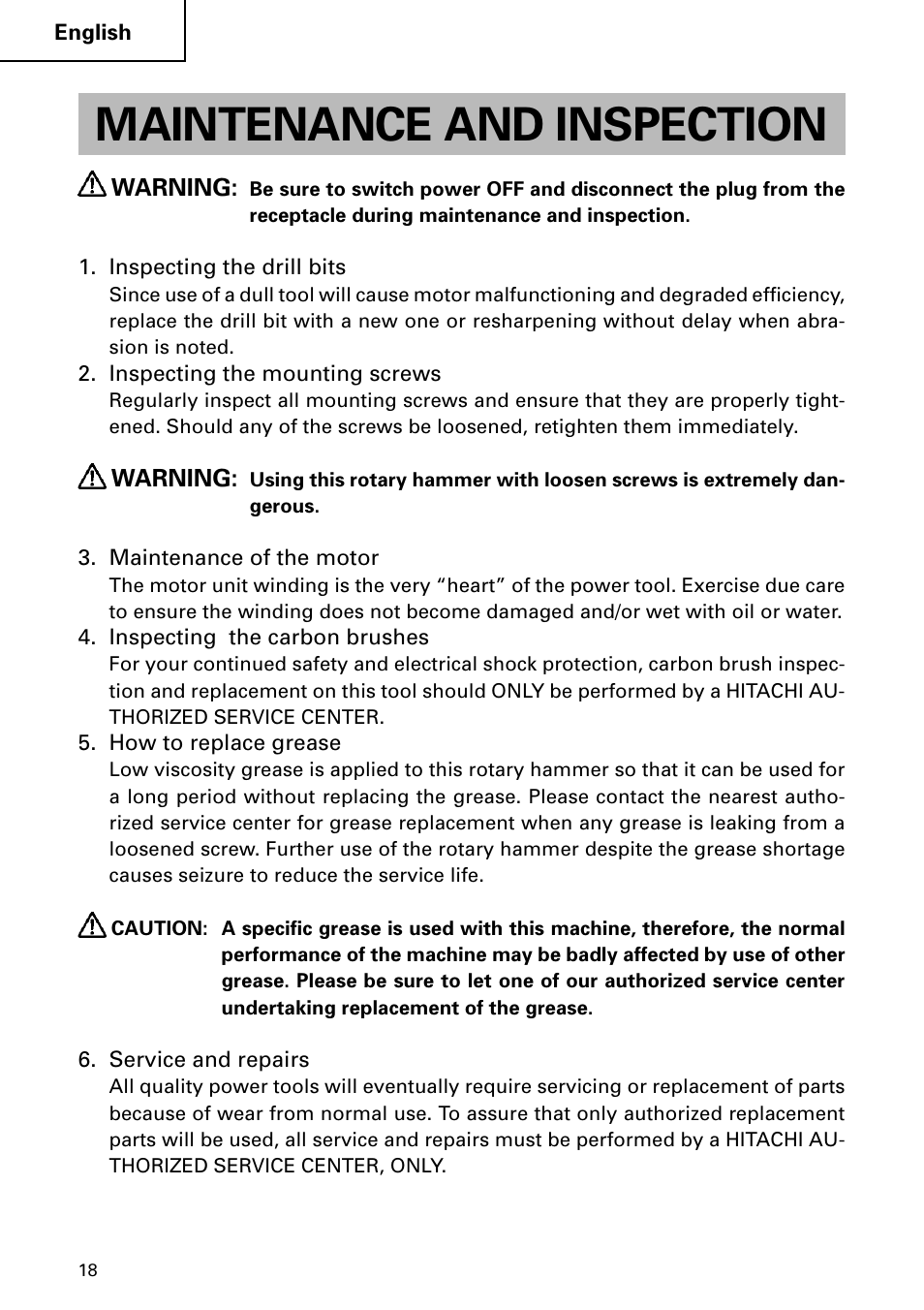 Maintenance and inspection | Hitachi Koki USA DH 24PC User Manual | Page 18 / 72