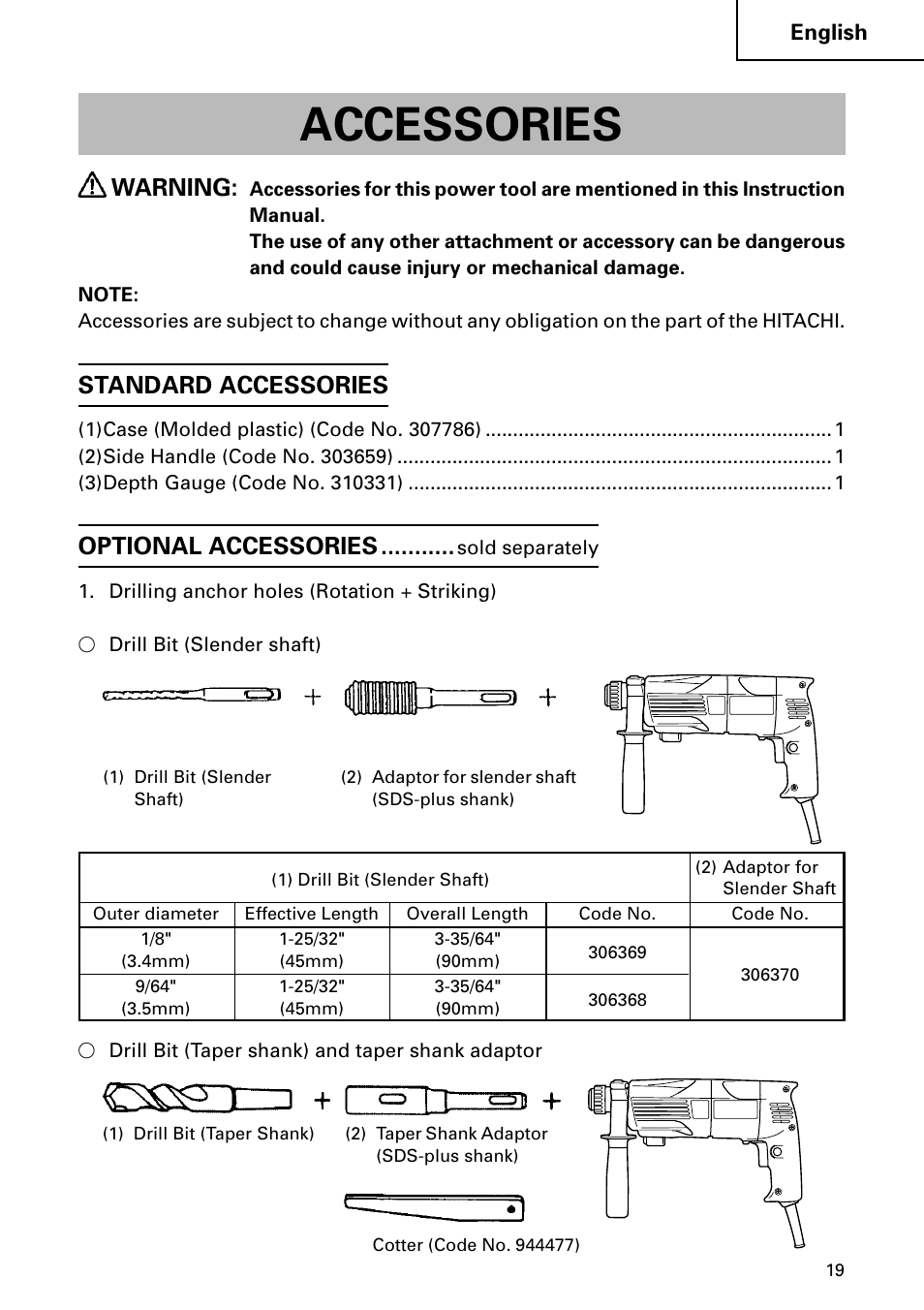 Accessories, Warning, Standard accessories | Optional accessories | Hitachi Koki USA DH 24PC User Manual | Page 19 / 72