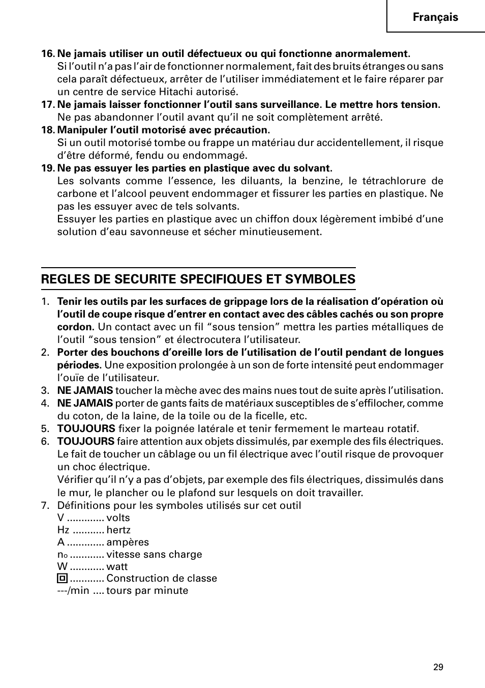 Regles de securite specifiques et symboles | Hitachi Koki USA DH 24PC User Manual | Page 29 / 72