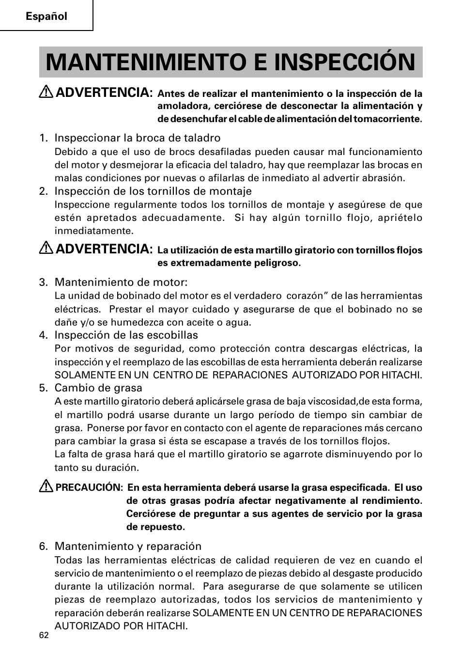 Mantenimiento e inspección, Advertencia | Hitachi Koki USA DH 24PC User Manual | Page 62 / 72