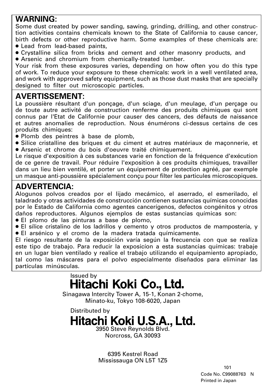 Hitachi koki canada co, Warning, Avertissement | Advertencia | Hitachi Koki USA DH 24PC User Manual | Page 72 / 72