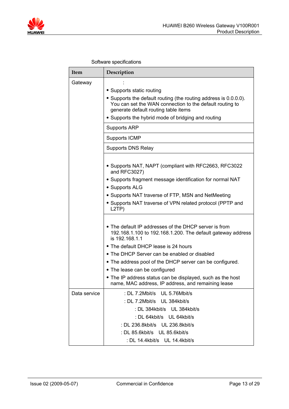 3 software specifications | Huawei B260 Wireless Gateway  V100R001 User Manual | Page 12 / 28