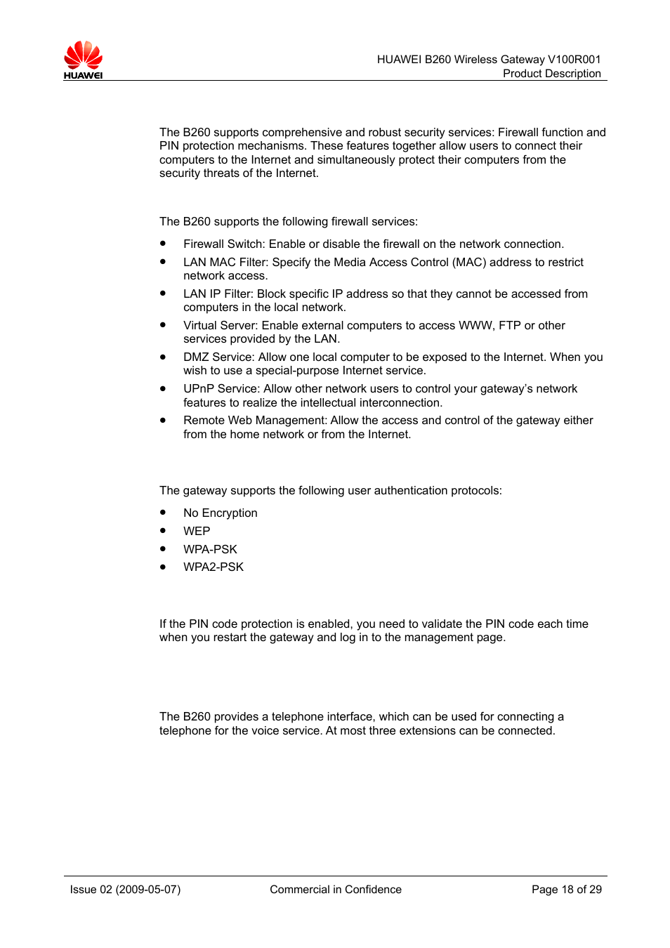2 security service, 2 voice services, Firewall service | User authenticati, Pin protection | Huawei B260 Wireless Gateway  V100R001 User Manual | Page 17 / 28