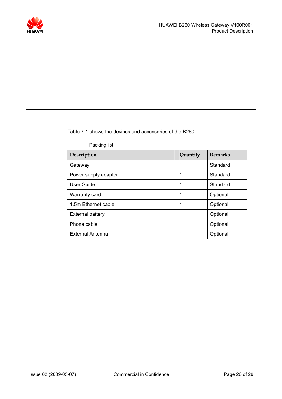 7 packing list, Packing list | Huawei B260 Wireless Gateway  V100R001 User Manual | Page 25 / 28