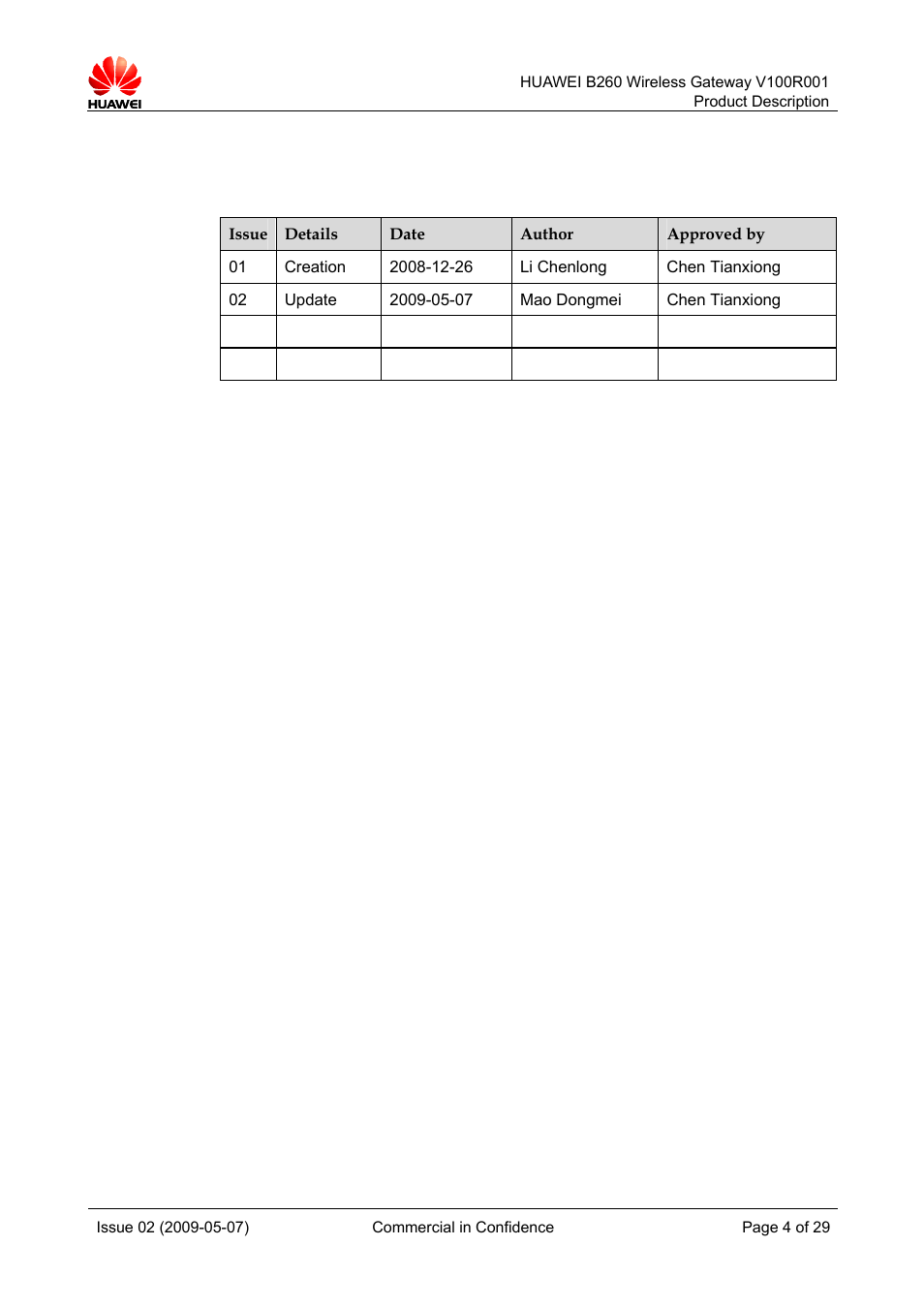 History | Huawei B260 Wireless Gateway  V100R001 User Manual | Page 4 / 28