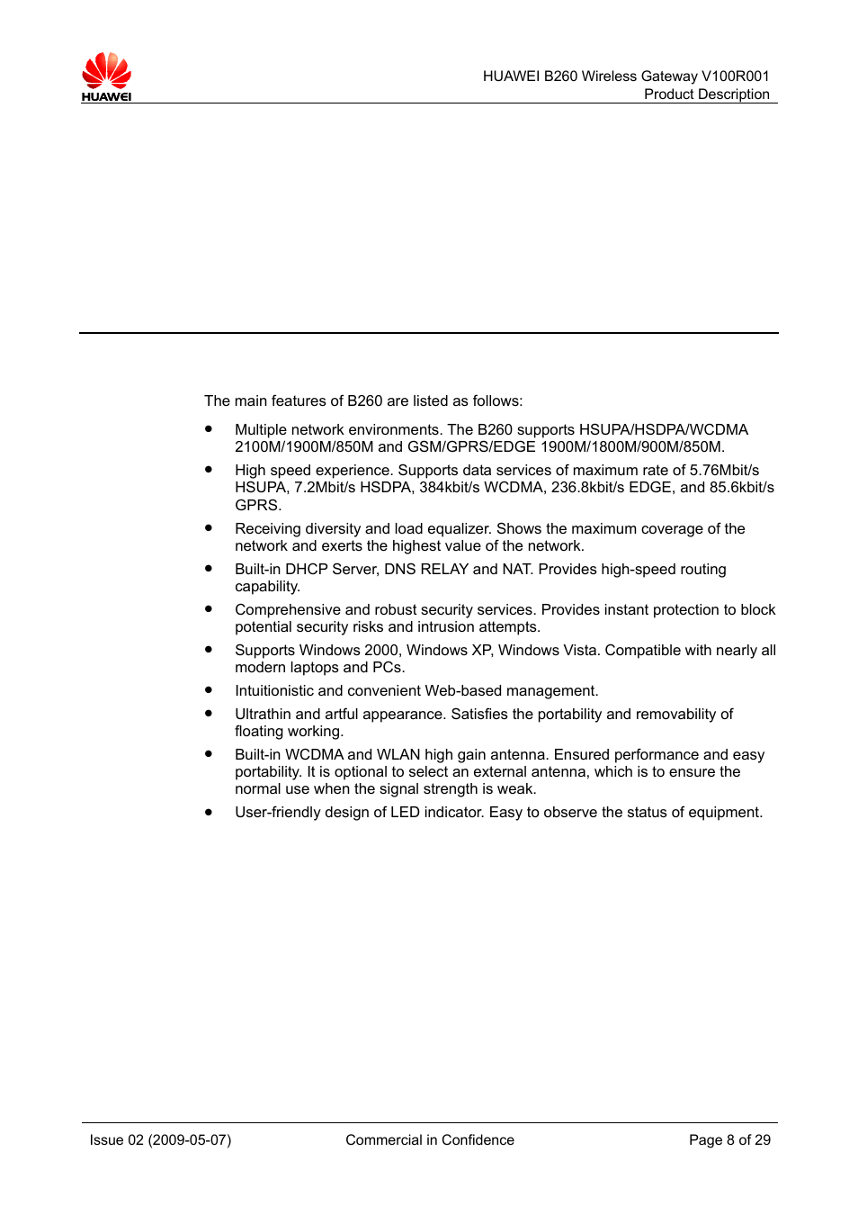 2 features, Features | Huawei B260 Wireless Gateway  V100R001 User Manual | Page 7 / 28