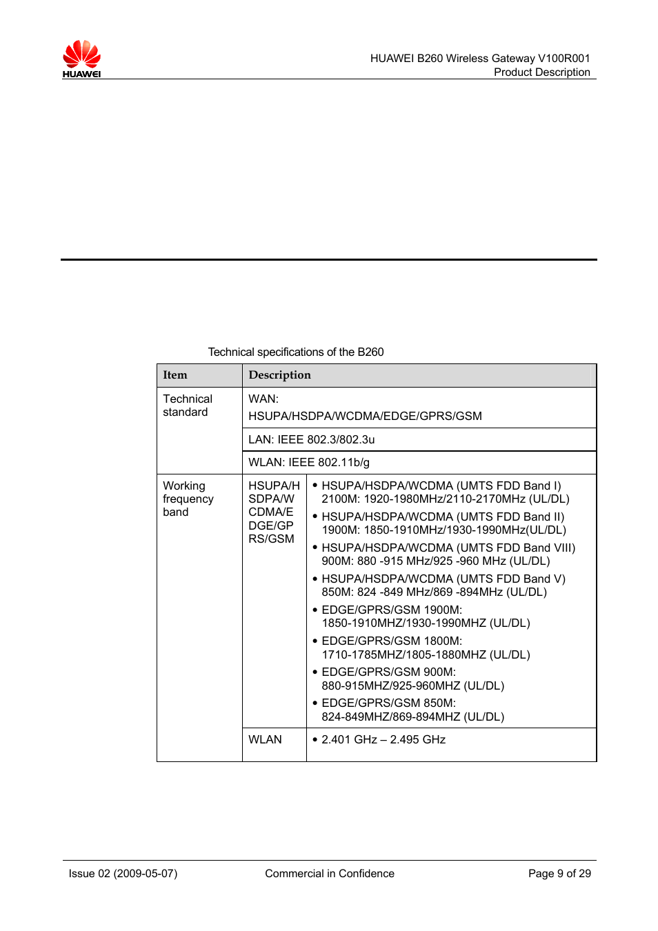 3 technical specifications, 1 hardware specifications, Technical specifications | Huawei B260 Wireless Gateway  V100R001 User Manual | Page 8 / 28