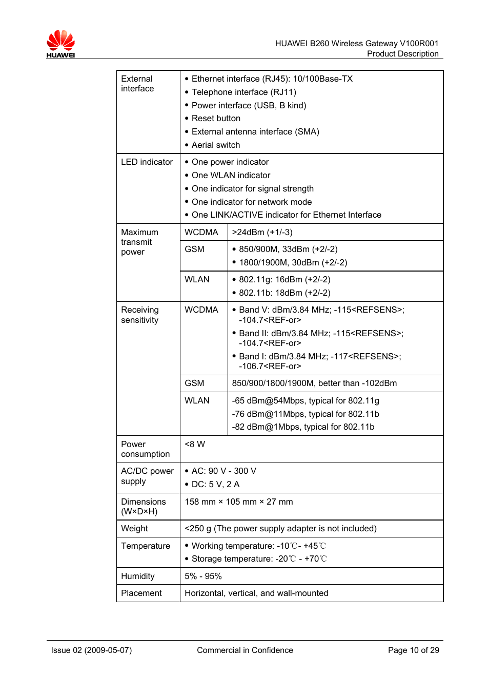 Huawei B260 Wireless Gateway  V100R001 User Manual | Page 9 / 28