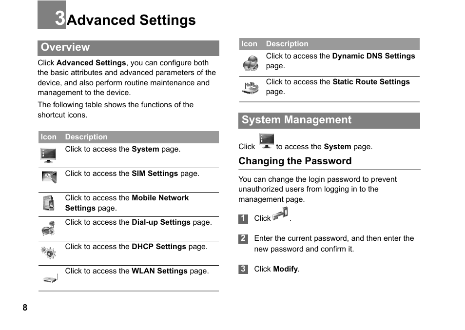 Advanced settings, Overview, System management | Advanced settings 8, Overview system management, Changing the password | Huawei Vodafone B970 User Manual | Page 12 / 29