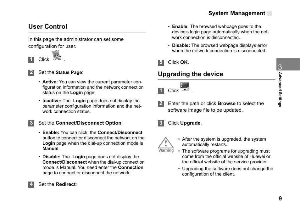 User control, Upgrading the device, System management 9 | Huawei Vodafone B970 User Manual | Page 13 / 29
