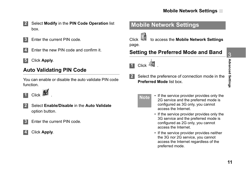 Mobile network settings, Auto validating pin code, Setting the preferred mode and band | Mobile network settings 11 | Huawei Vodafone B970 User Manual | Page 15 / 29