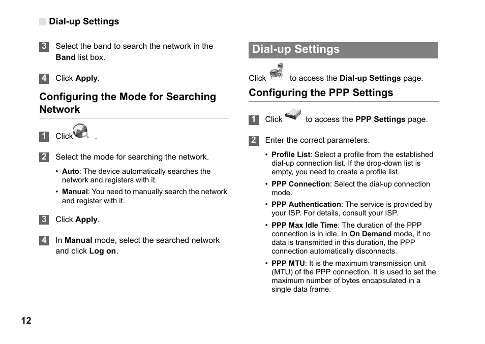 Dial-up settings, Configuring the mode for searching network, Configuring the ppp settings | Dial-up settings 12 | Huawei Vodafone B970 User Manual | Page 16 / 29