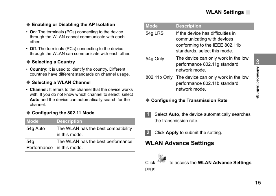 Wlan advance settings | Huawei Vodafone B970 User Manual | Page 19 / 29