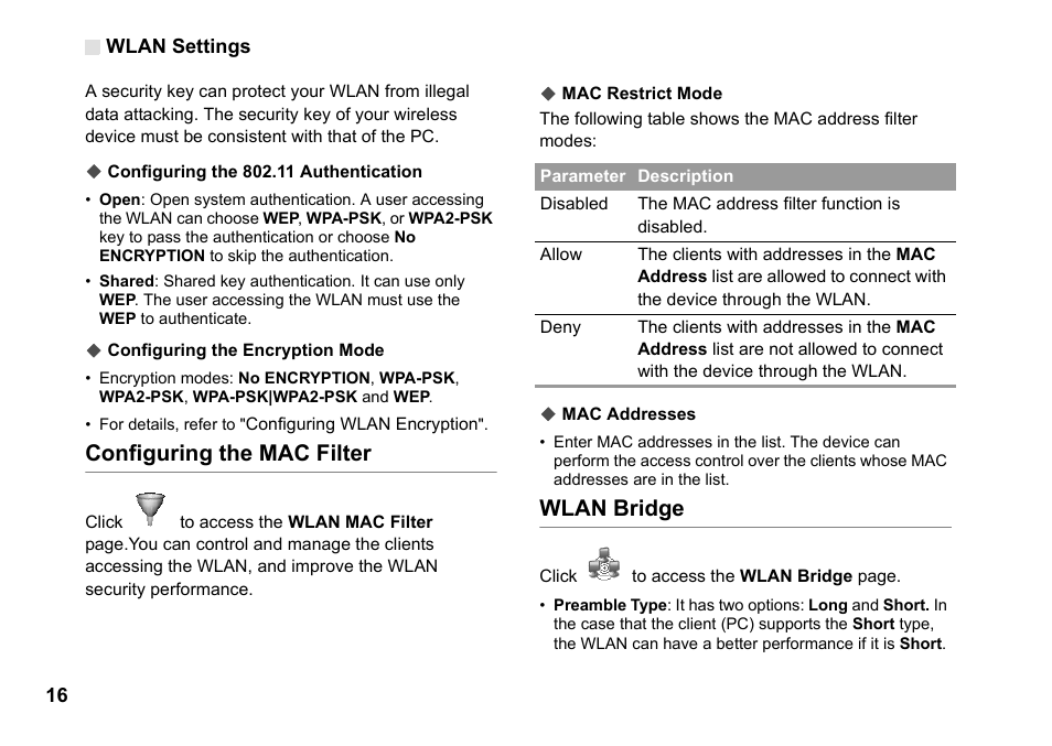 Configuring the mac filter, Wlan bridge | Huawei Vodafone B970 User Manual | Page 20 / 29