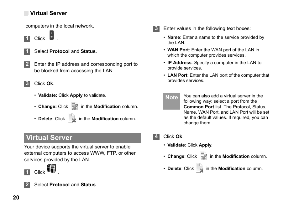 Virtual server, Virtual server 20 | Huawei Vodafone B970 User Manual | Page 24 / 29