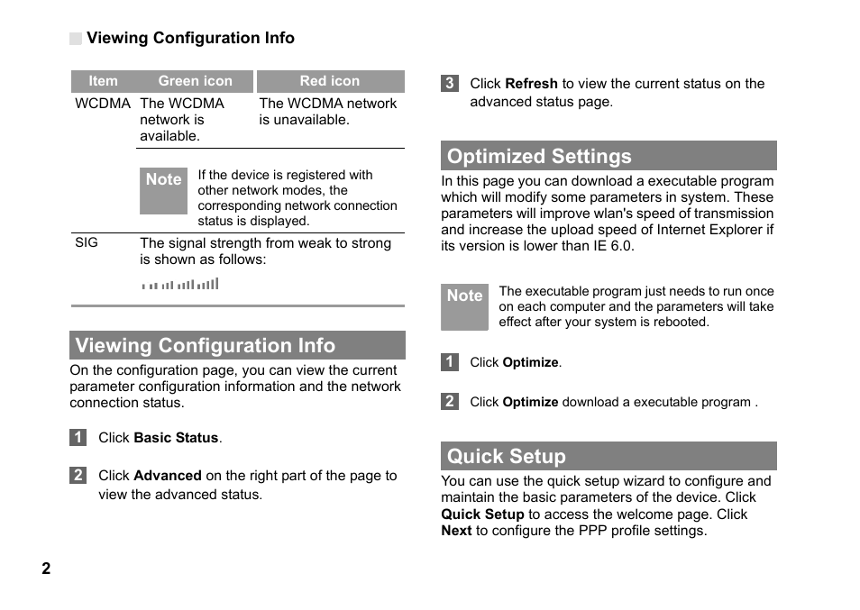 Viewing configuration info, Optimized settings, Quick setup | Viewing configuration info 2 | Huawei Vodafone B970 User Manual | Page 6 / 29