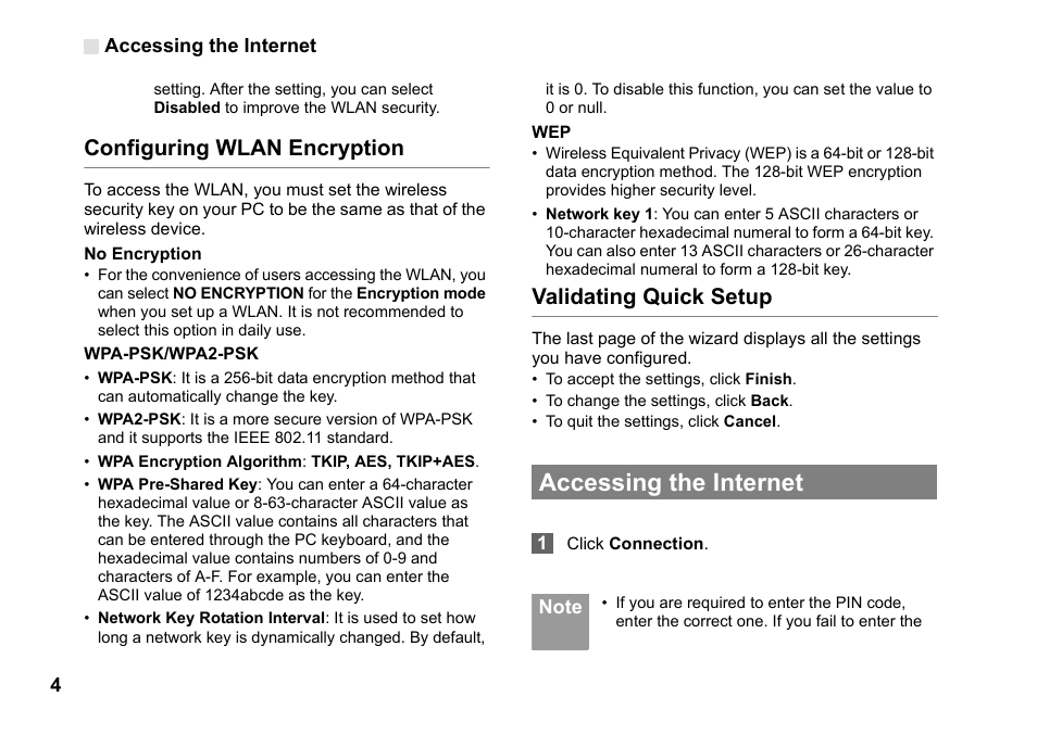 Accessing the internet, Configuring wlan encryption, Validating quick setup | Huawei Vodafone B970 User Manual | Page 8 / 29