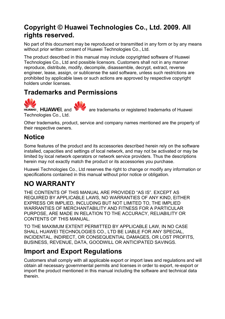 Trademarks and permissions, Notice, No warranty | Import and export regulations | Huawei ECHOLIFE HG520C User Manual | Page 3 / 25