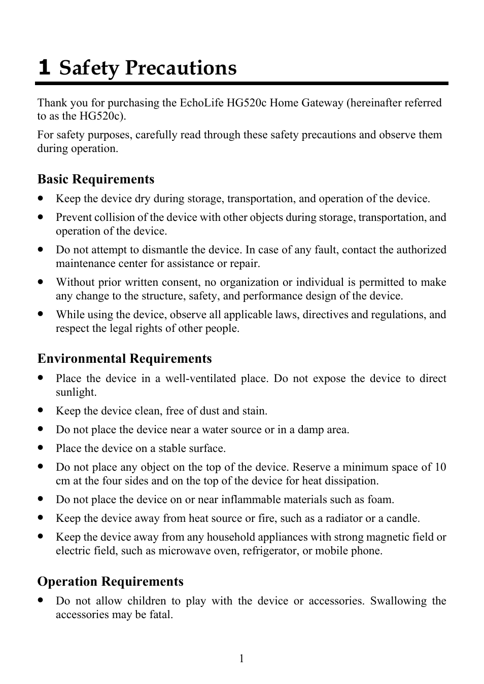 1 safety precautions, Basic requirements, Environmental requirements | Operation requirements | Huawei ECHOLIFE HG520C User Manual | Page 6 / 25