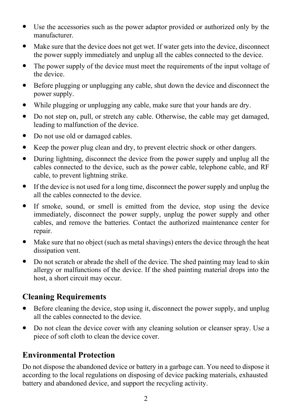 Cleaning requirements, Environmental protection, Do not use old or damaged cables | Huawei ECHOLIFE HG520C User Manual | Page 7 / 25