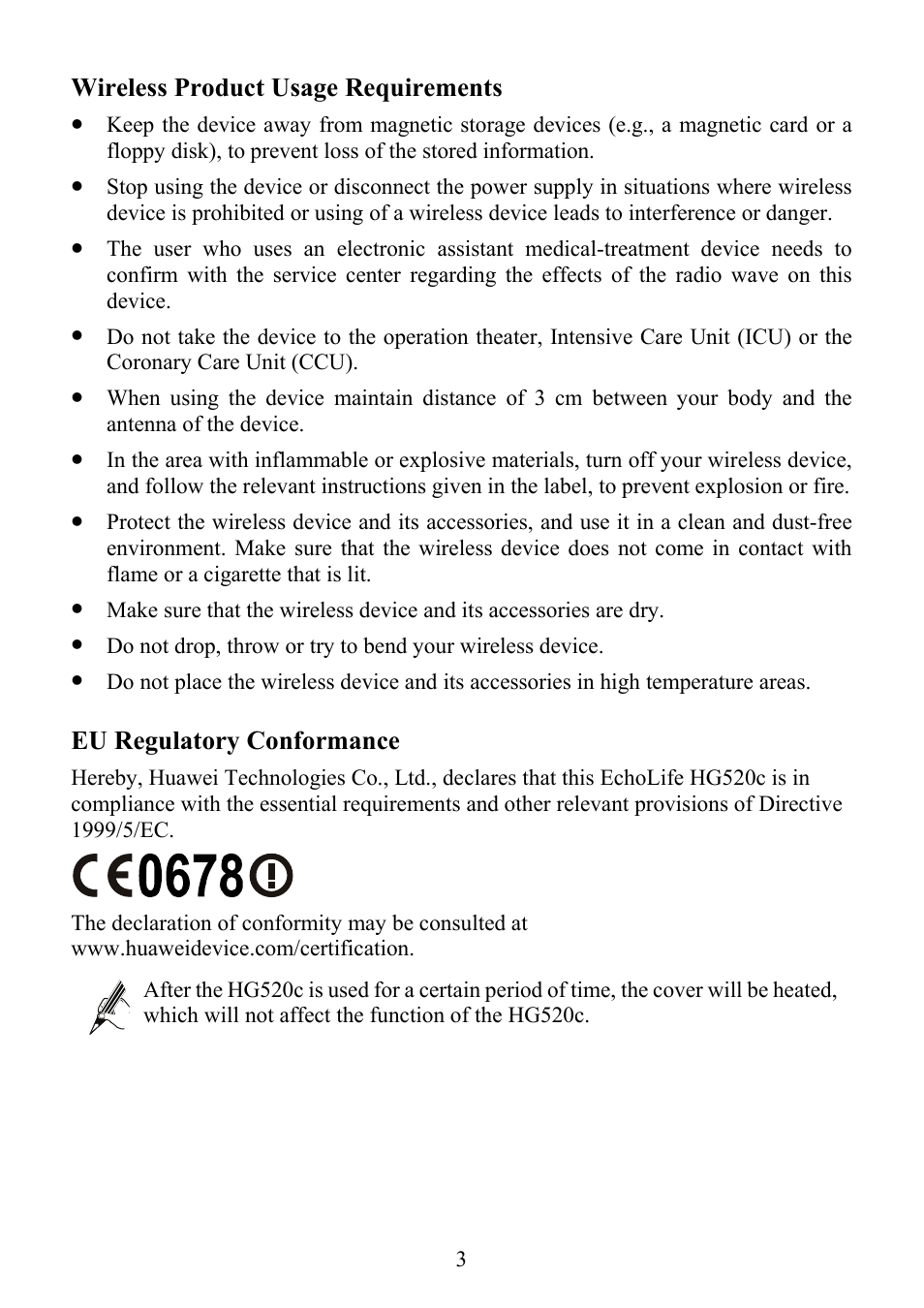 Wireless product usage requirements, Eu regulatory conformance | Huawei ECHOLIFE HG520C User Manual | Page 8 / 25
