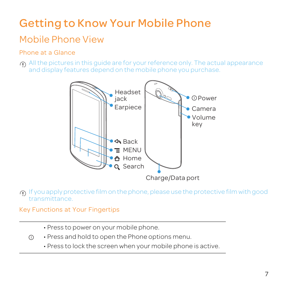 Getting to know your mobile phone, Mobile phone view, Phone at a glance | Key functions at your fingertips | Huawei U8800-51 User Manual | Page 12 / 83