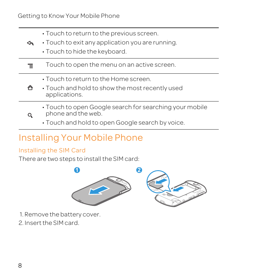 Installing your mobile phone, Installing the sim card | Huawei U8800-51 User Manual | Page 13 / 83