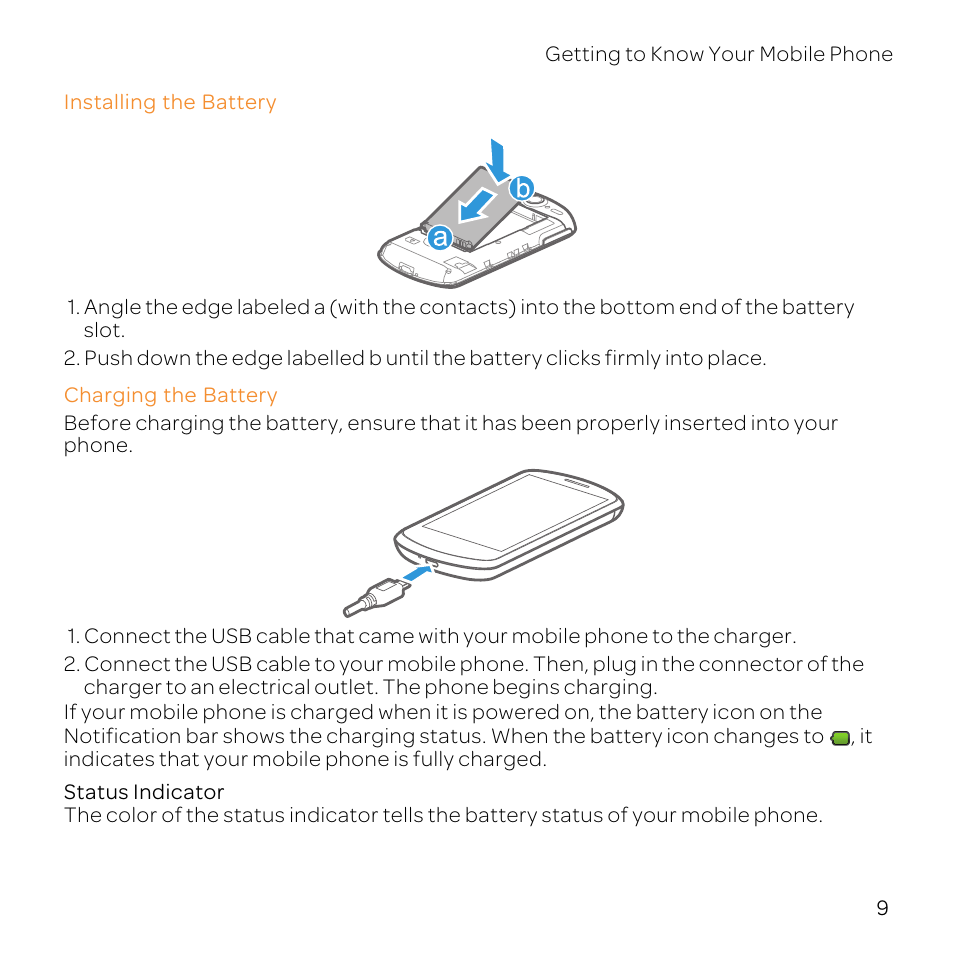 Installing the battery, Charging the battery, Status indicator | Huawei U8800-51 User Manual | Page 14 / 83