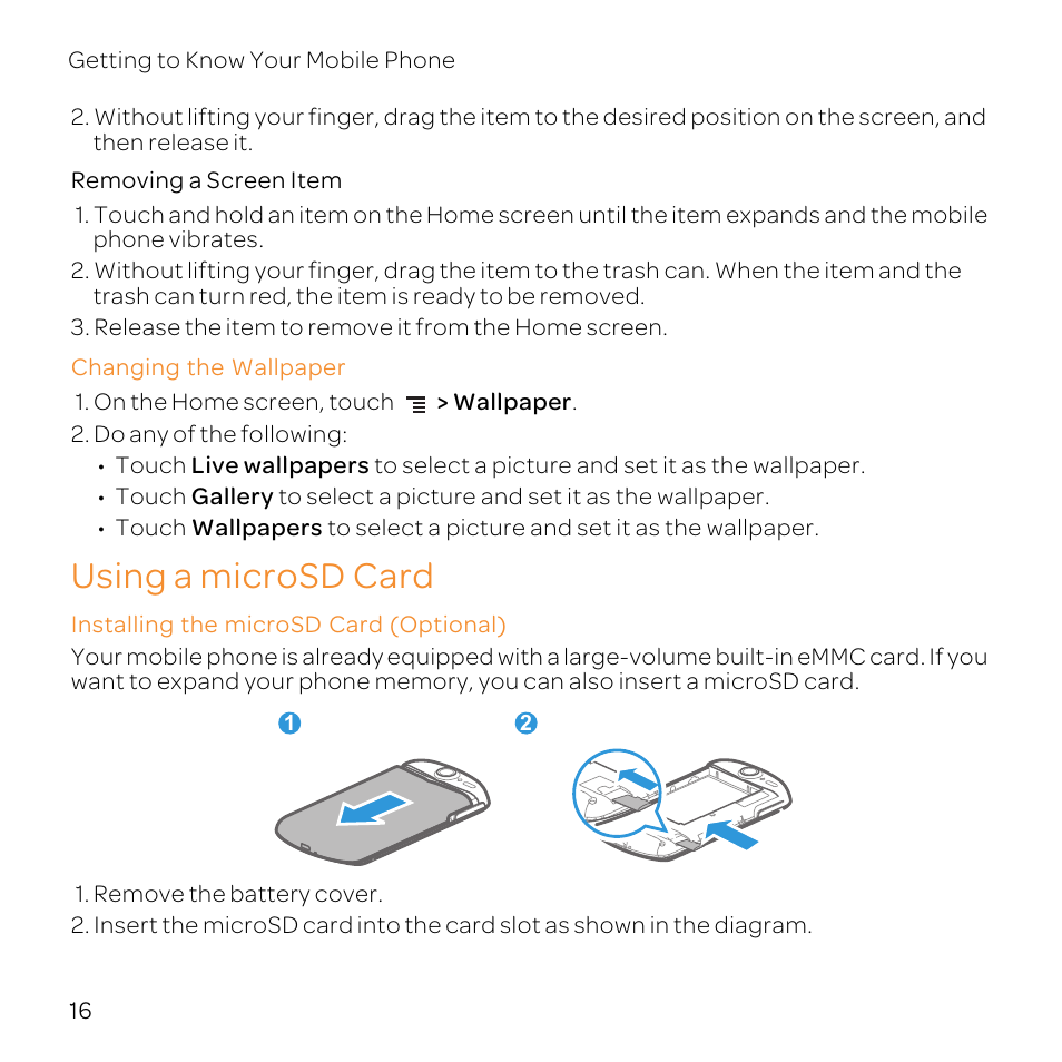 Removing a screen item, Changing the wallpaper, Using a microsd card | Installing the microsd card (optional) | Huawei U8800-51 User Manual | Page 21 / 83