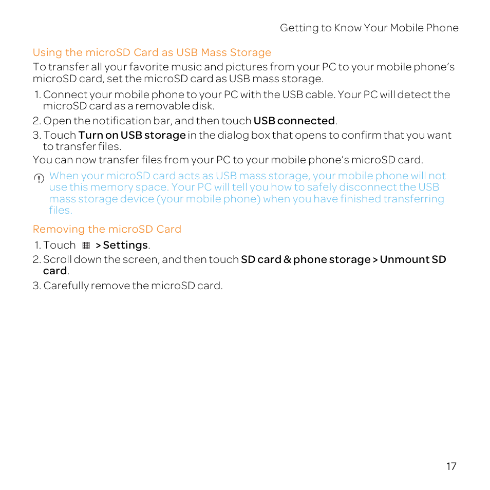 Using the microsd card as usb mass storage, Removing the microsd card | Huawei U8800-51 User Manual | Page 22 / 83