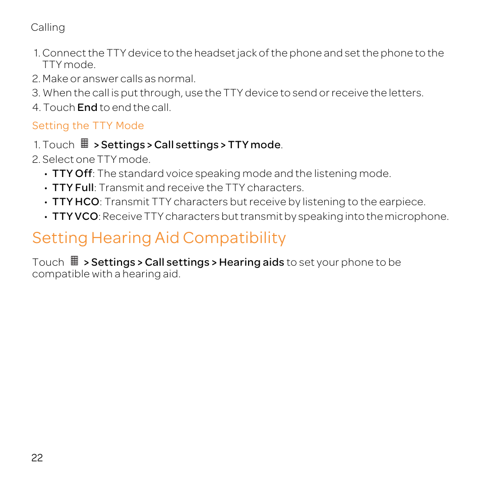 Setting the tty mode, Setting hearing aid compatibility | Huawei U8800-51 User Manual | Page 27 / 83