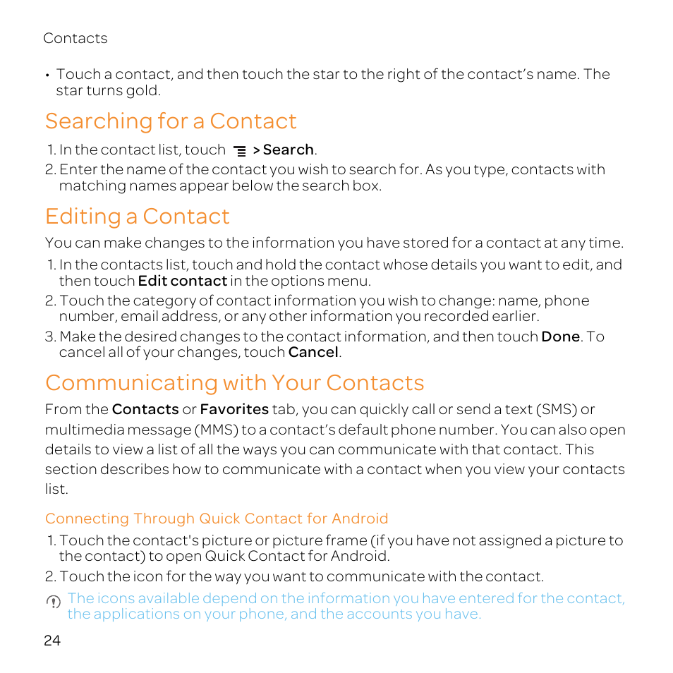 Searching for a contact, Editing a contact, Communicating with your contacts | Connecting through quick contact for android | Huawei U8800-51 User Manual | Page 29 / 83