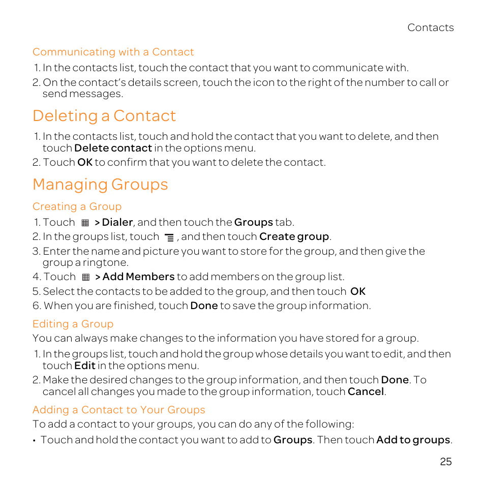 Communicating with a contact, Deleting a contact, Managing groups | Creating a group, Editing a group, Adding a contact to your groups | Huawei U8800-51 User Manual | Page 30 / 83