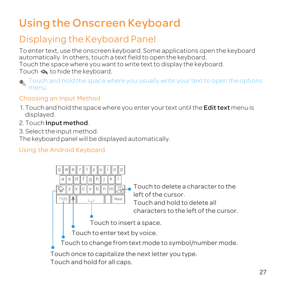 Using the onscreen keyboard, Displaying the keyboard panel, Choosing an input method | Using the android keyboard | Huawei U8800-51 User Manual | Page 32 / 83