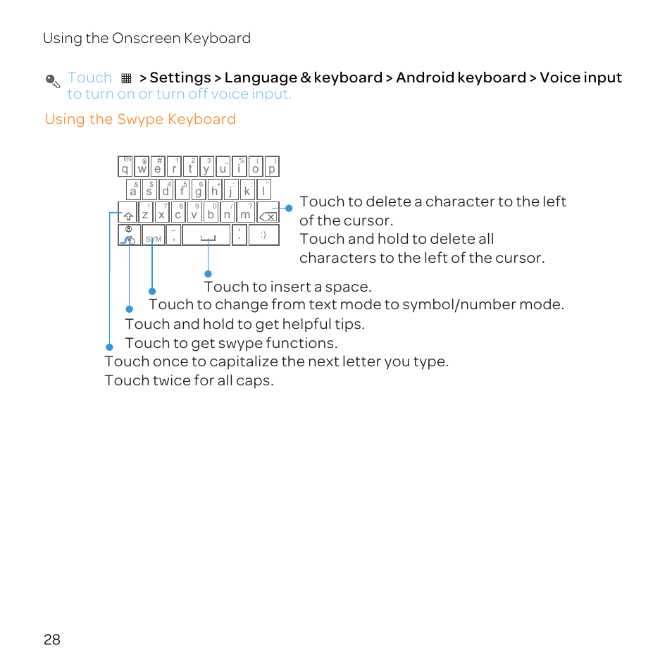 Using the swype keyboard, 28 using the onscreen keyboard | Huawei U8800-51 User Manual | Page 33 / 83