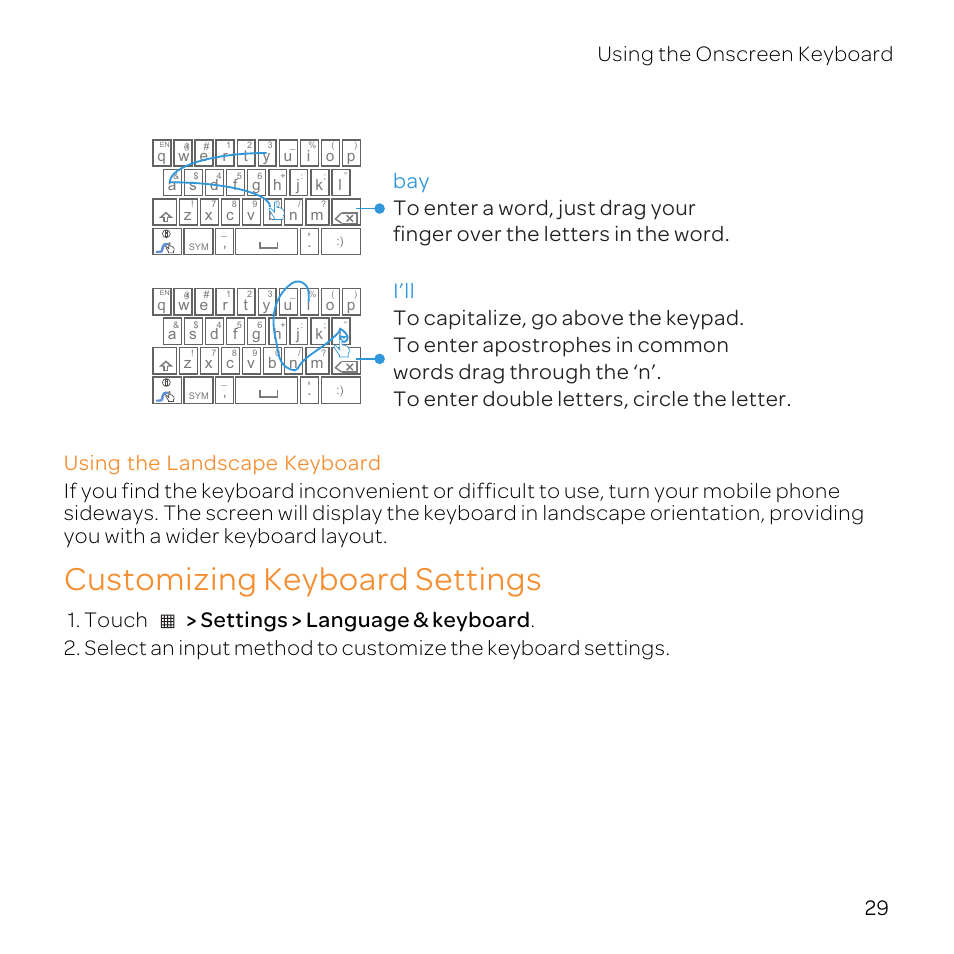 Using the landscape keyboard, Customizing keyboard settings | Huawei U8800-51 User Manual | Page 34 / 83