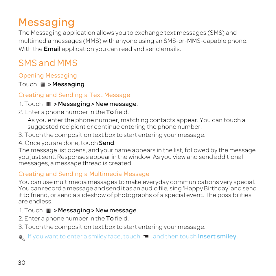 Messaging, Sms and mms, Opening messaging | Creating and sending a text message, Creating and sending a multimedia message | Huawei U8800-51 User Manual | Page 35 / 83