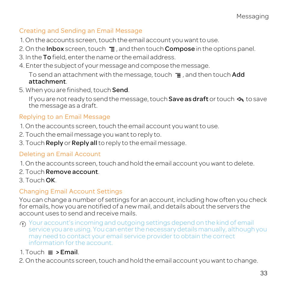 Creating and sending an email message, Replying to an email message, Deleting an email account | Changing email account settings | Huawei U8800-51 User Manual | Page 38 / 83