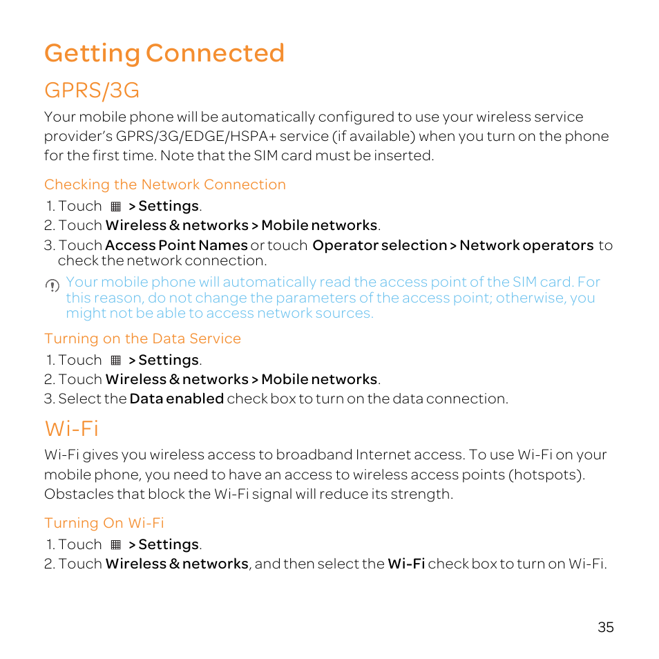 Getting connected, Gprs/3g, Checking the network connection | Turning on the data service, Wi-fi, Turning on wi-fi | Huawei U8800-51 User Manual | Page 40 / 83